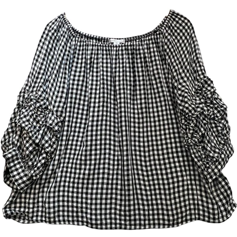 John Paul Richard Womens Off Shoulder Top Ruffled Sleeve Sz XL Black White Check